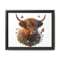 Highland Cow Portrait Matte Canvas Framed | Floral Wreath Wall Art