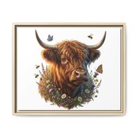 Highland Cow Portrait Matte Canvas Framed | Floral Wreath Wall Art