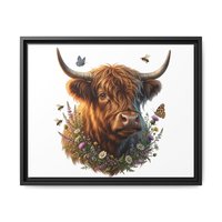 Highland Cow Portrait Matte Canvas Framed | Floral Wreath Wall Art