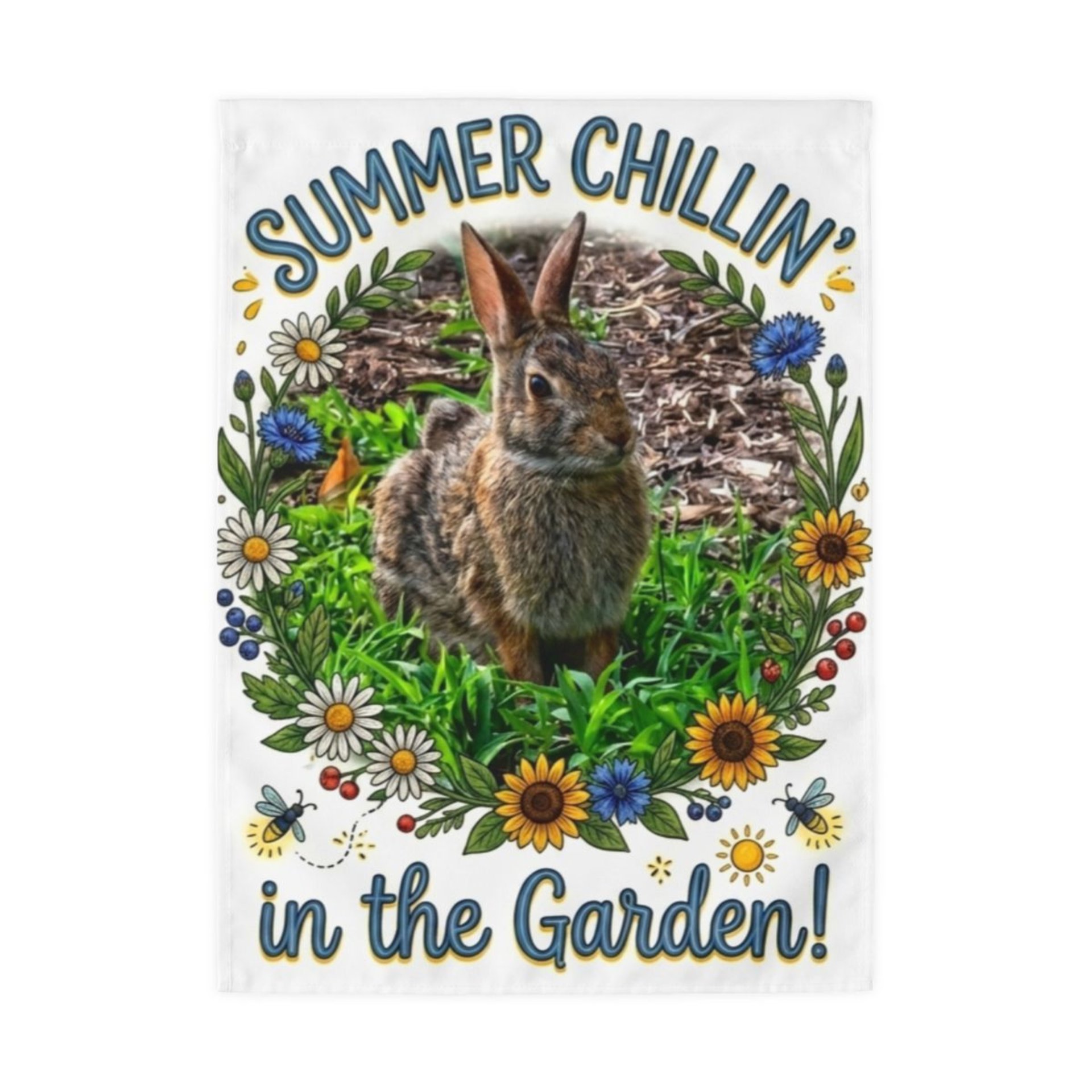 Summer Chillin' in the Garden Outdoor Flag | Original Photograph Rabbit Floral Wreath