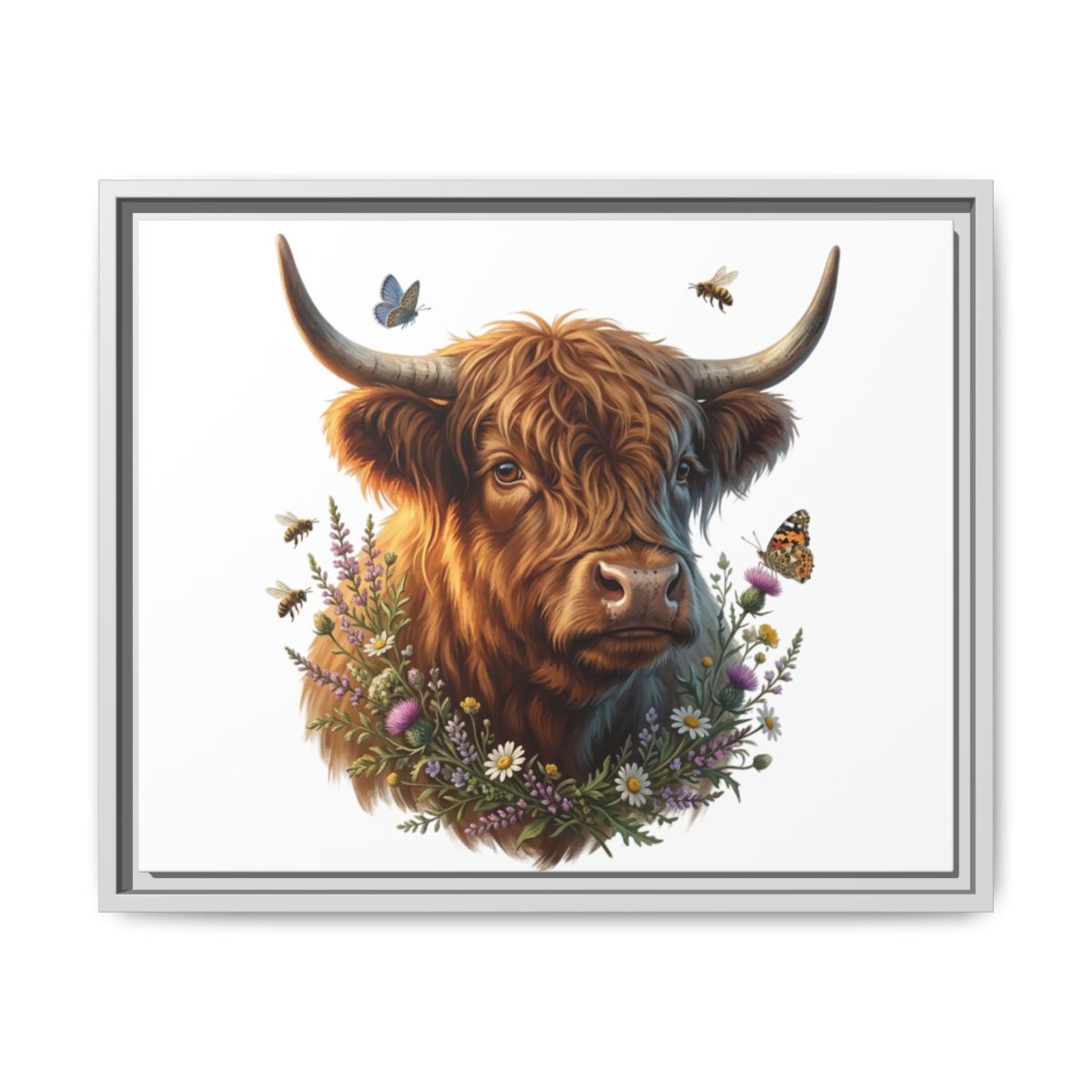 Highland Cow Portrait Matte Canvas Framed | Floral Wreath Wall Art