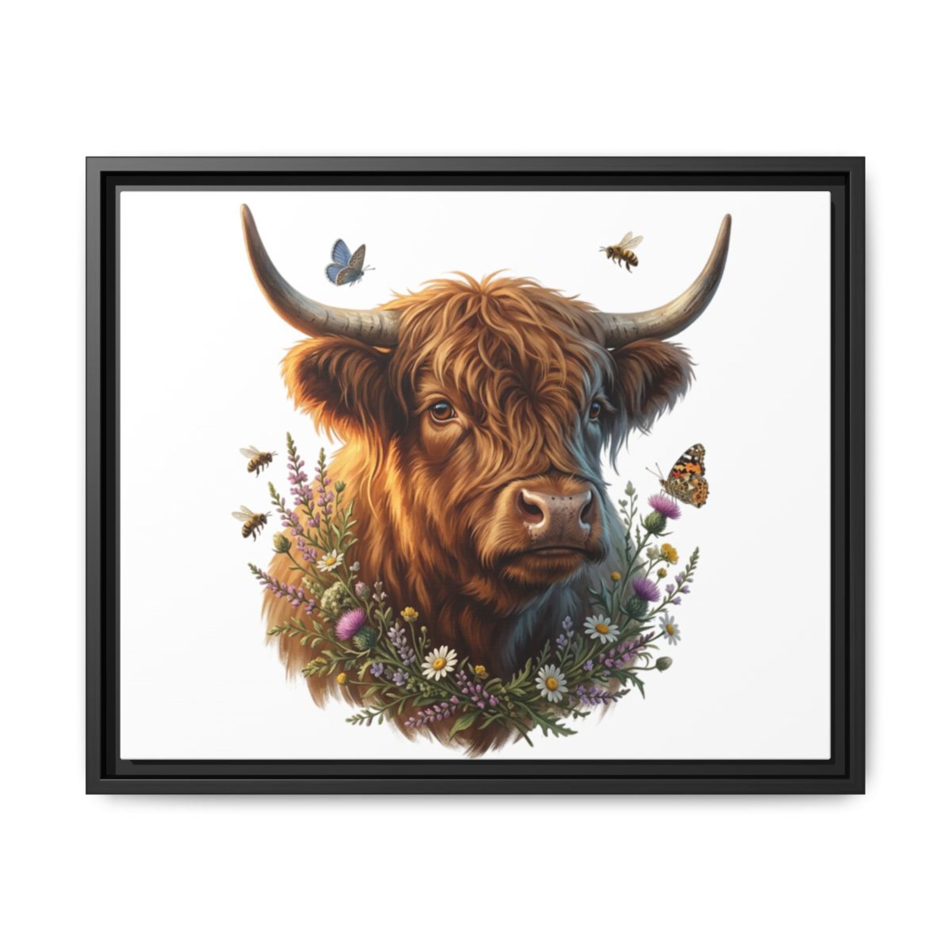 Highland Cow Portrait Matte Canvas Framed | Floral Wreath Wall Art