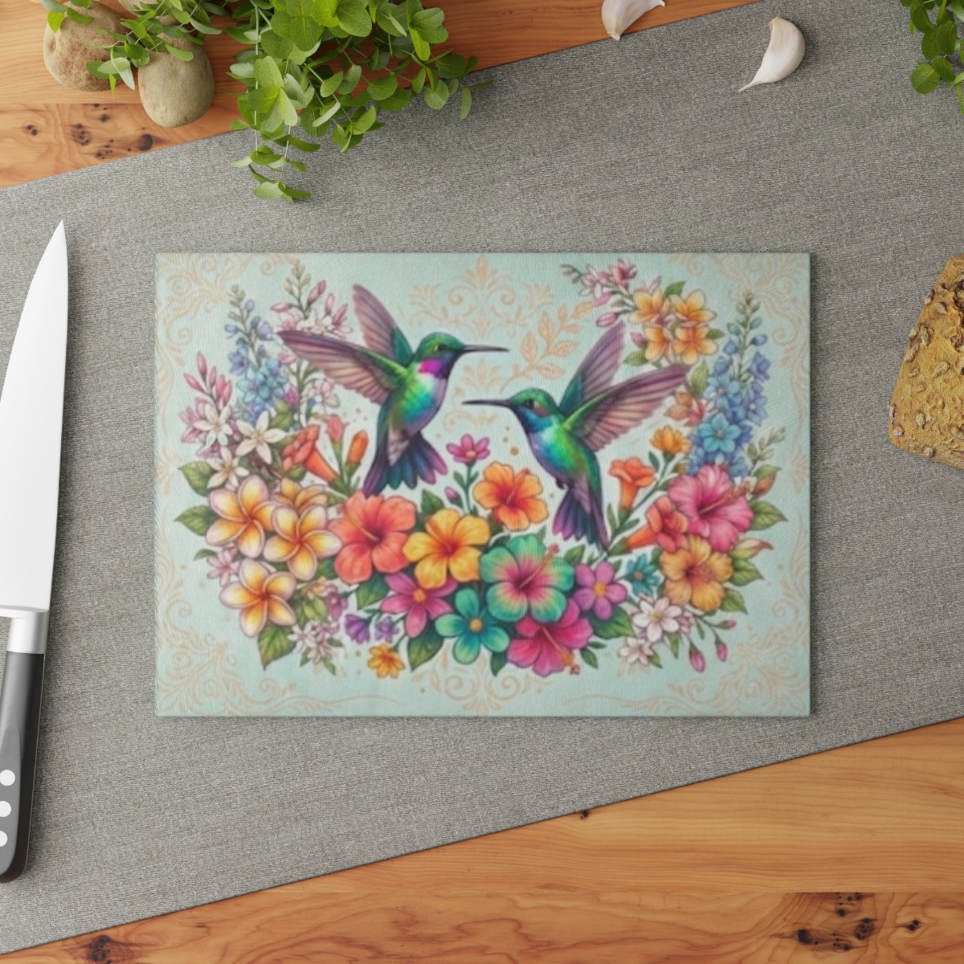 Hummingbird Floral Glass Cutting Board | Colorful Birds and Flowers