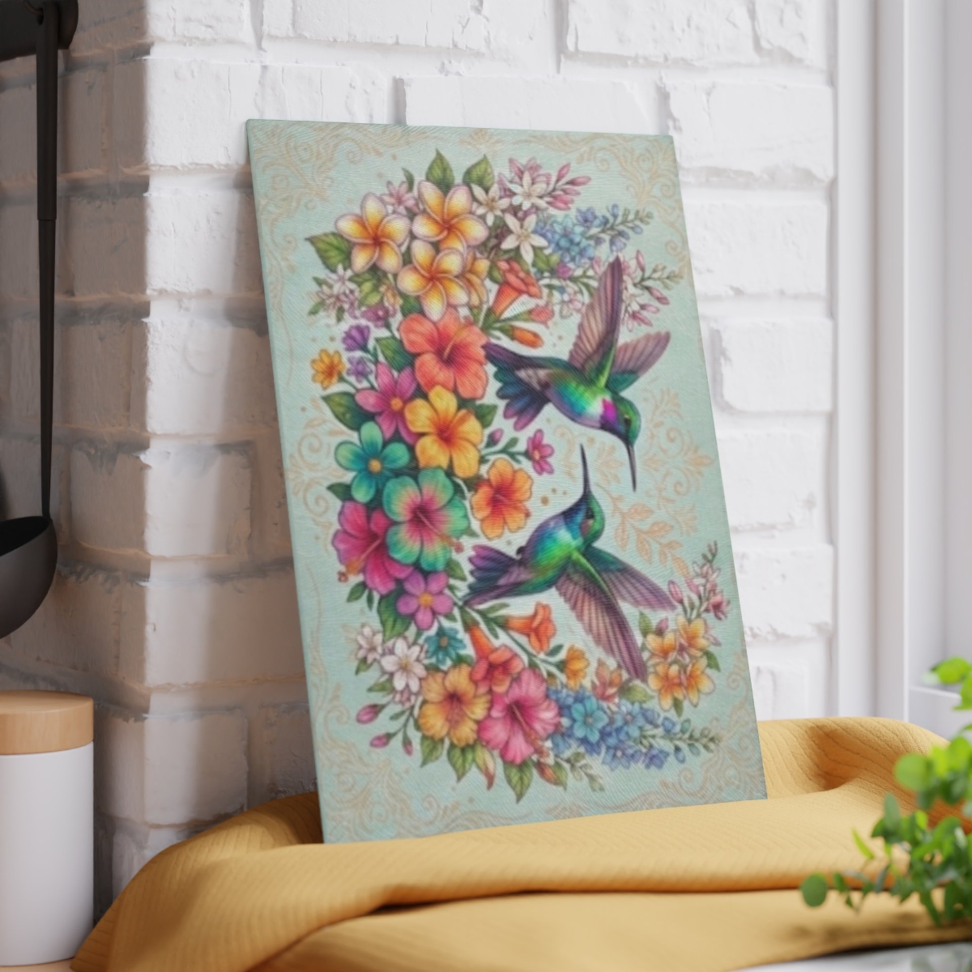 Hummingbird Floral Glass Cutting Board | Colorful Birds and Flowers
