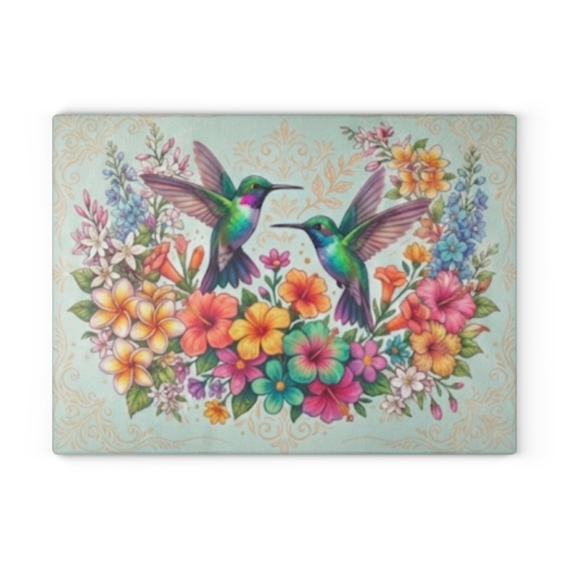 Hummingbird Floral Glass Cutting Board | Colorful Birds and Flowers