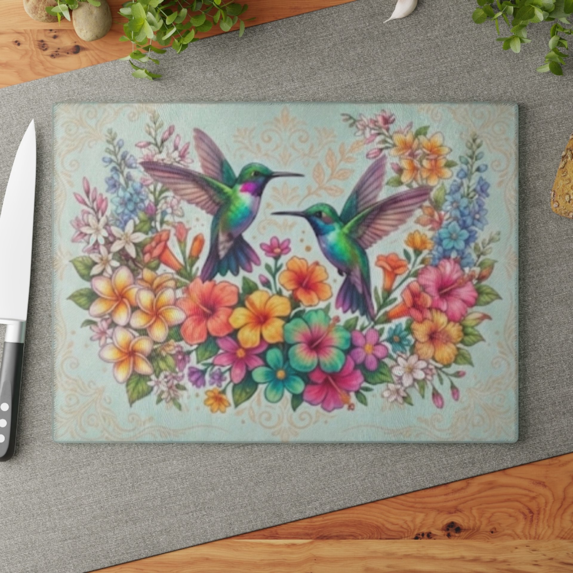 Hummingbird Floral Glass Cutting Board | Colorful Birds and Flowers