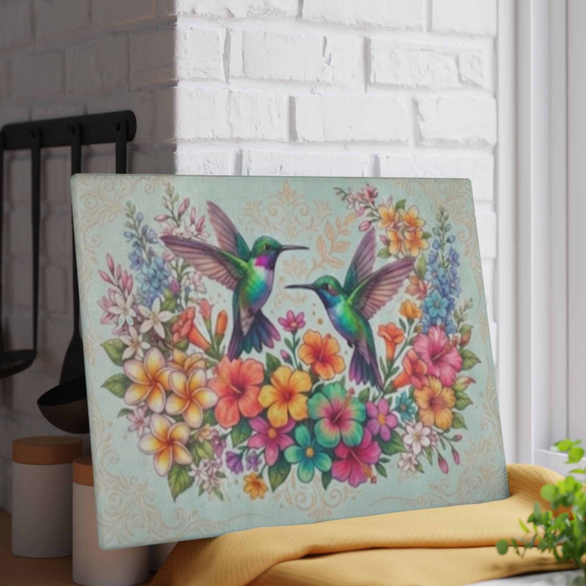 Hummingbird Floral Glass Cutting Board | Colorful Birds and Flowers
