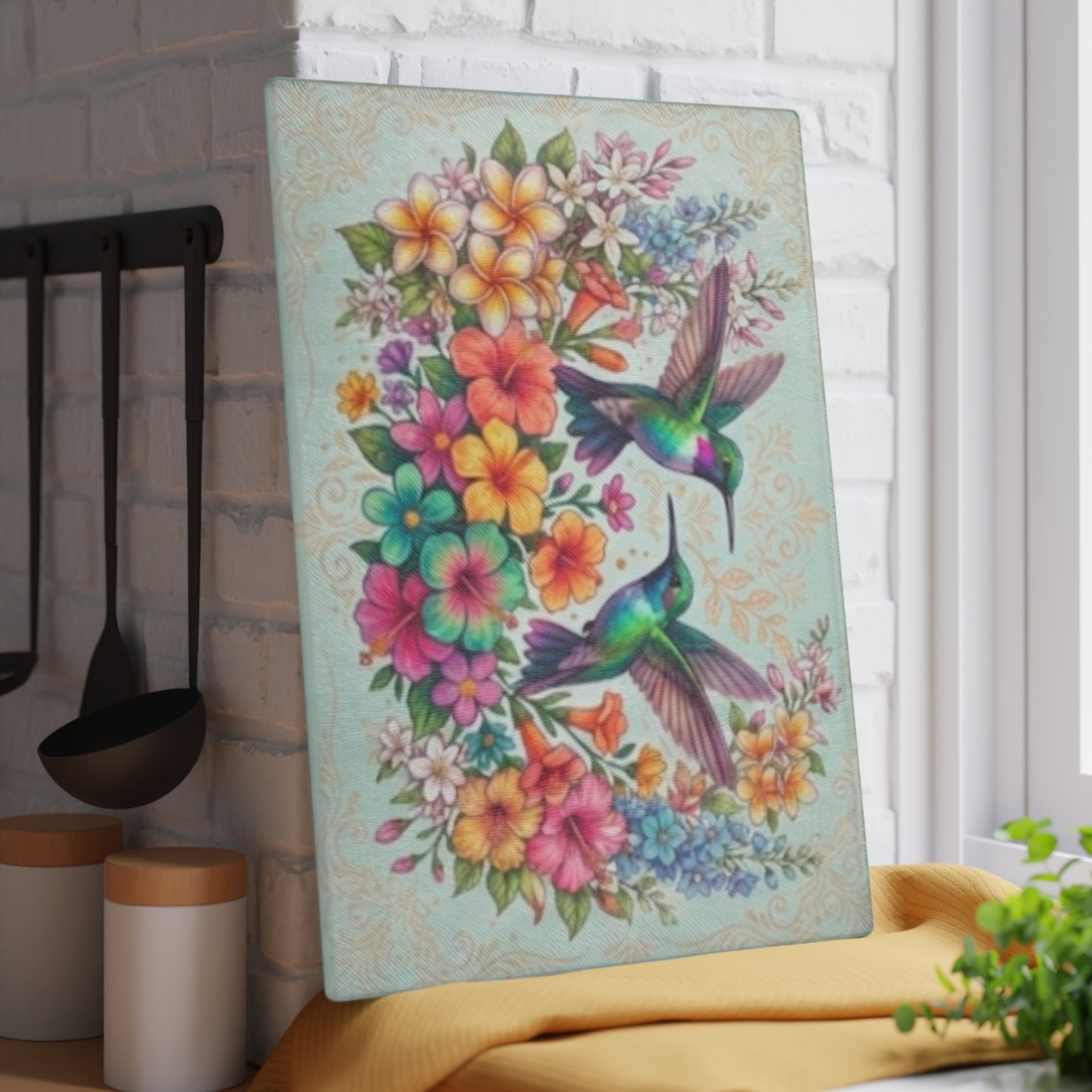 Hummingbird Floral Glass Cutting Board | Colorful Birds and Flowers