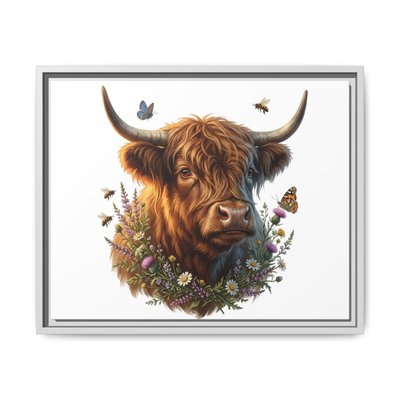 Highland Cow Portrait Matte Canvas Framed | Floral Wreath Wall Art