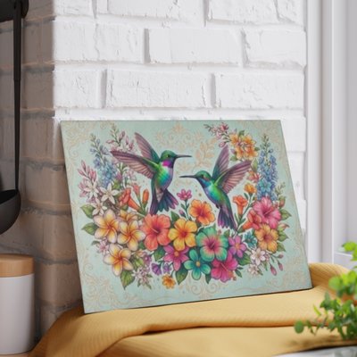 Hummingbird Floral Glass Cutting Board | Colorful Birds and Flowers